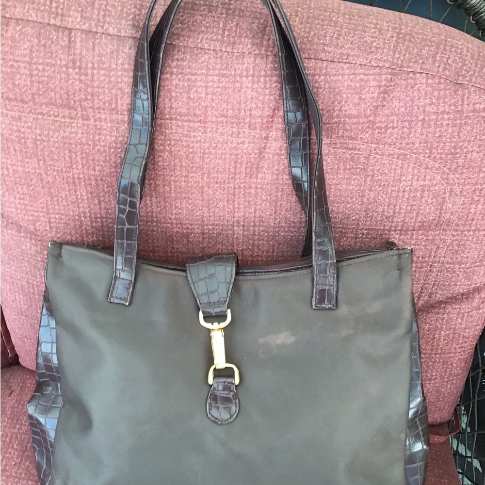 Vintage Diane Von Furstenberg DVF Brown Nylon Croc Embossed Bag Purse Tote VGC